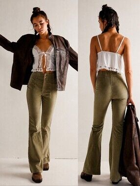 We The Free People Jayde Corduroy Flare Pants Bell Bottom Cord Khaki Green 24